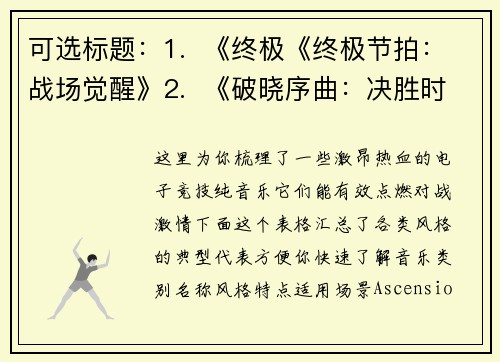 可选标题：1.  《终极《终极节拍：战场觉醒》2.  《破晓序曲：决胜时刻》3.  《炽浪声击》